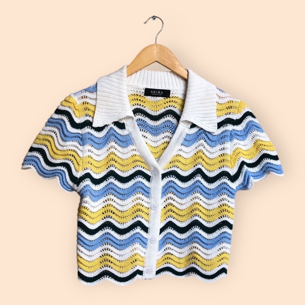AKIRA Yellow, Light Blue & White Wave Knit Mini Skirt